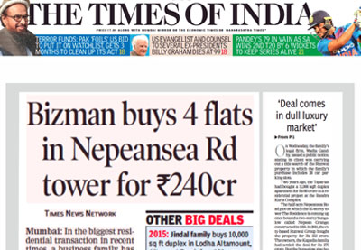 Bizman Buys 4 Flats in Nepeansea RD Tower for 240 CR