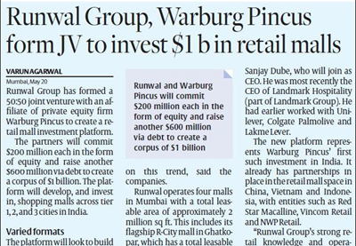 Runwal Group | Warburg in $1n bn Realty JV
