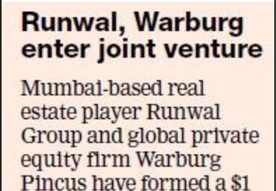 Runwal, warburg enter joint venture 