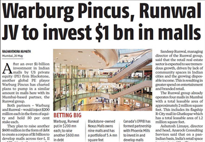 Warburg Pincus, Runwal JV to Invest $1bn in malls 