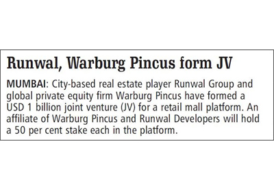 Runwal, warburg pincus From JV