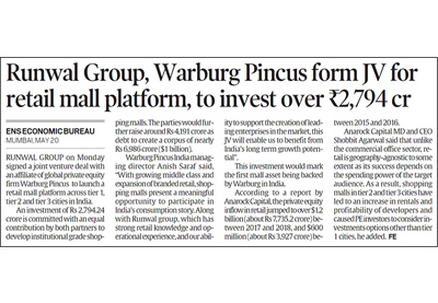 Runwal Group - Warburg Pincus from JV for Retail mall Platform, to invest over 2,794 cr