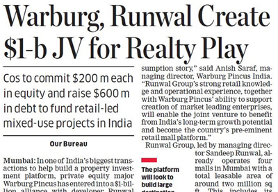 Warburg, Runwal Create $1-b JV for Realty Play