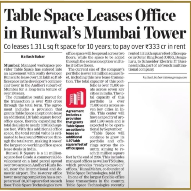 Table Space Leases Office in Runwal's Mumbai Tower